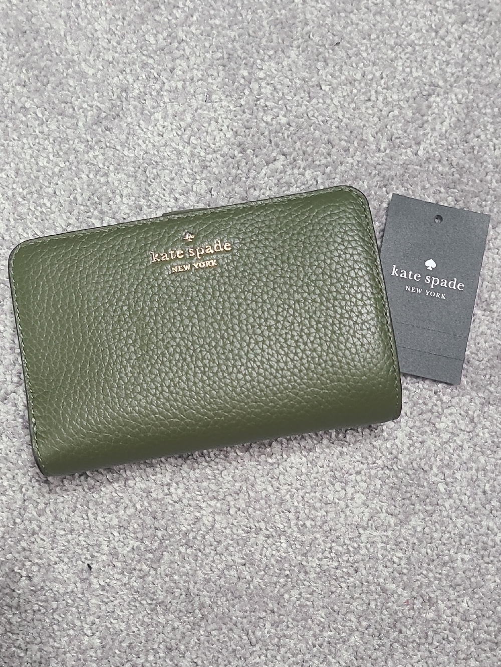 kate spade olive green pebbled leather Enchanted Lena wallet with gold logo